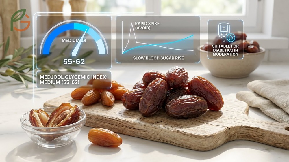 Medjool glycemic index falls in the medium range of 55 to 62 requiring portion control of 2 dates per serving.