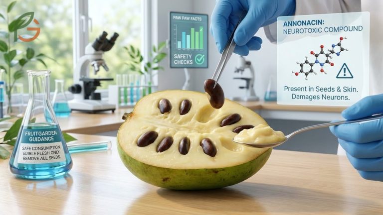 Cut paw paw fruit revealing large dark seeds that are toxic and must be removed before eating.