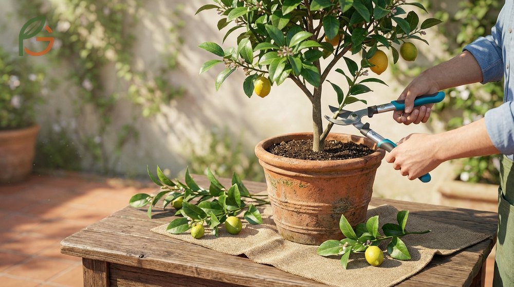 Pruning lemon trees in pots requires shortening new shoots to maintain compact size and ensuring stability in containers.