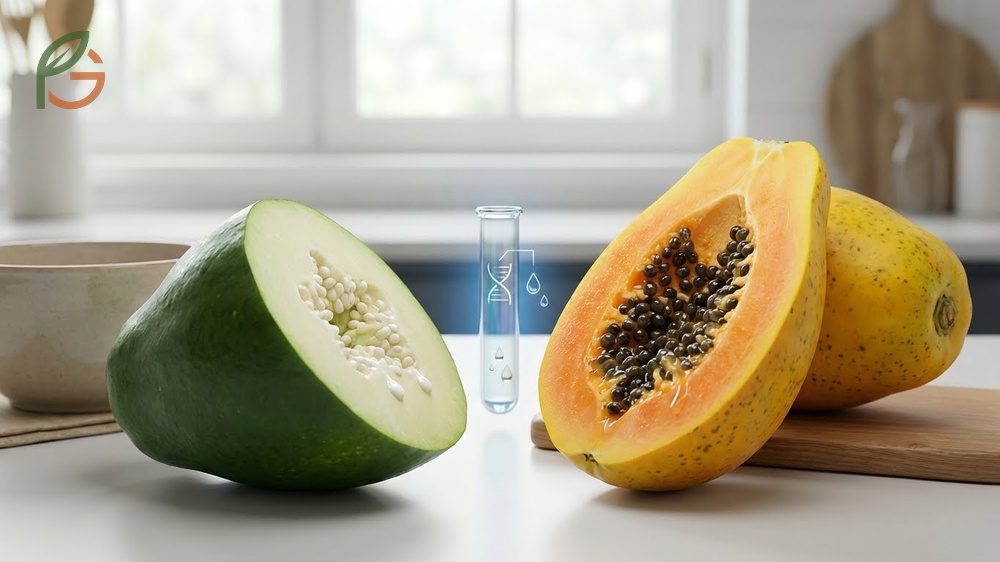 Comparison of yellow ripe papaya versus green unripe fruit highlighting the safety differences for pregnant women.