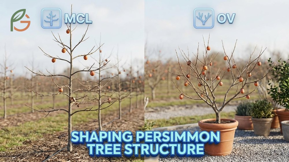 Shaping persimmon tree structure using open vase or modified central leader systems maximizes sunlight penetration for better fruit.