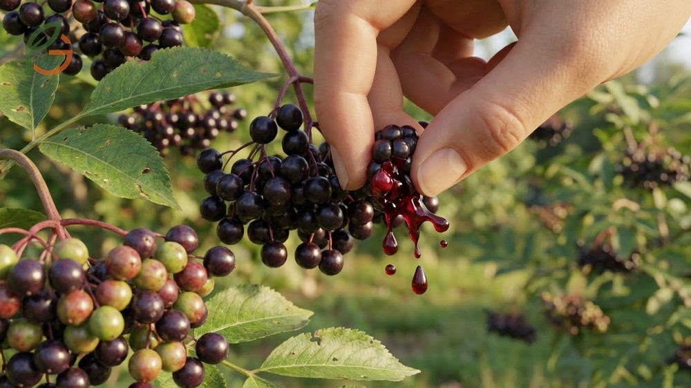Elderberry ripeness signs indicated by deep purple color and dark juice during the squeeze test.