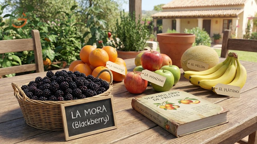 Spanish vocabulary for fruits includes distinct terms for berries like mora for blackberry and fresa for strawberry.