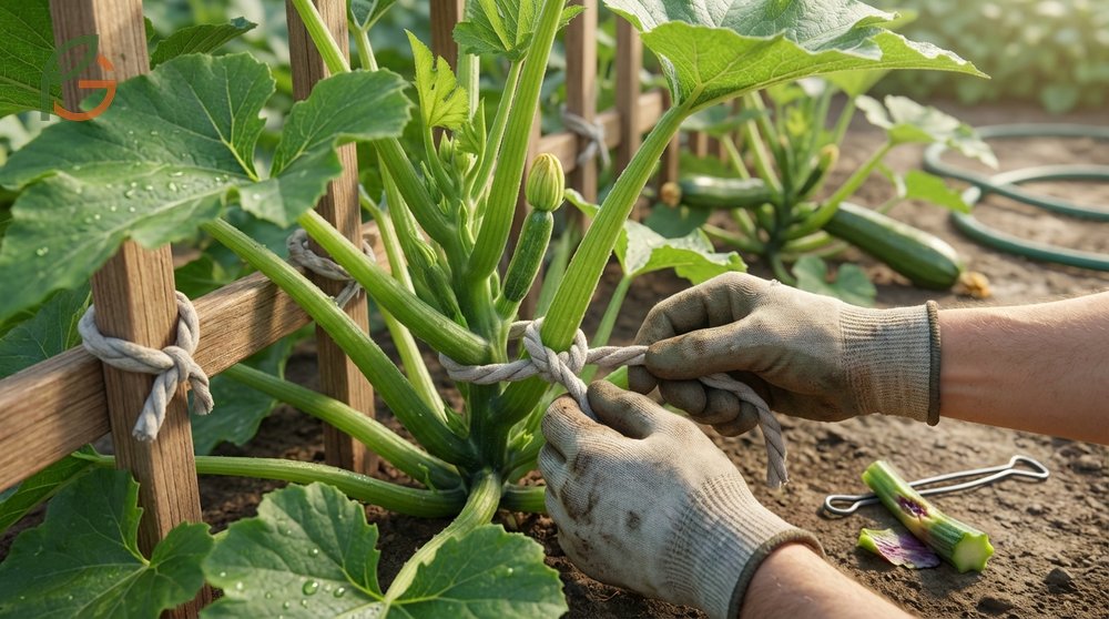 Support and training zucchini vines using soft ties and figure eight knots every six inches.