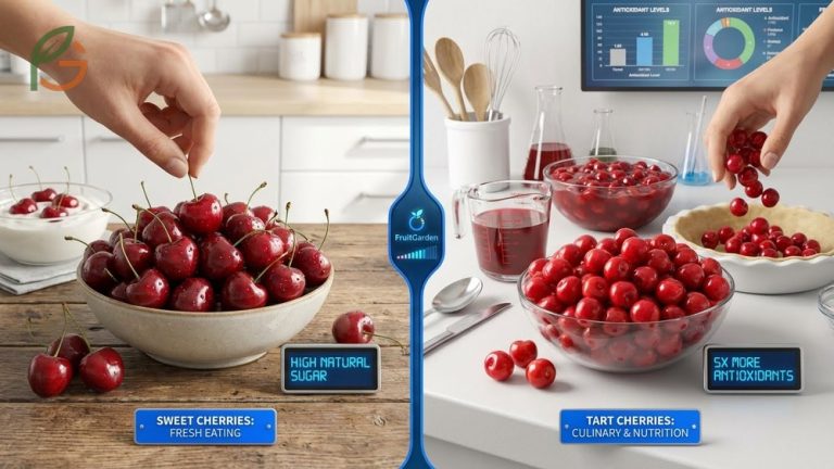 Sweet vs tart cherries comparison highlighting visual differences in size and nutritional value.