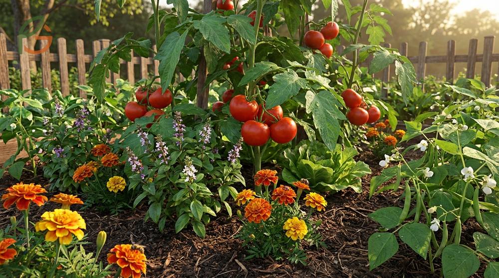 Companion planting benefits showing diverse plants supporting tomato growth and natural pest control.