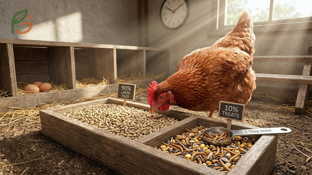 Treats for laying hens following the 90 10 rule to maintain egg production and shell quality.