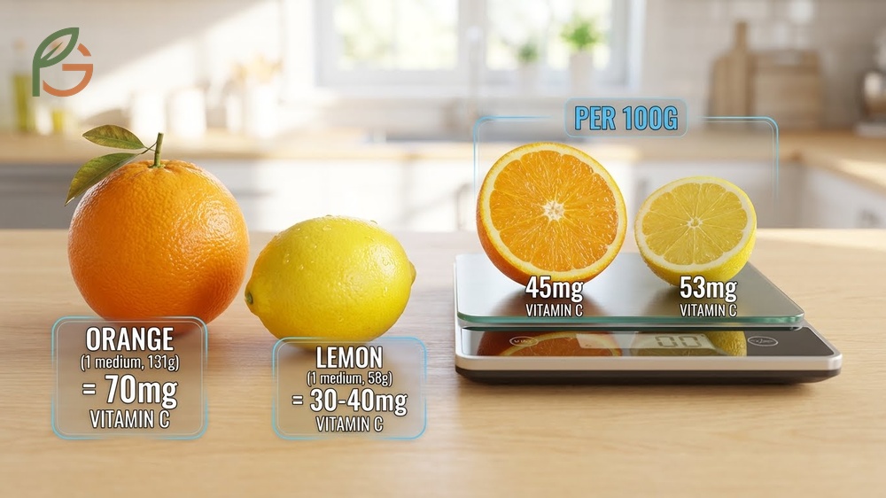 Vitamin C in orange vs lemon comparison shows a single orange provides nearly double the amount found in a lemon.
