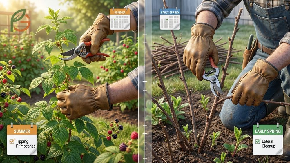 When to prune black raspberries schedule involving summer tipping at 28 inches and early spring lateral cleanup.