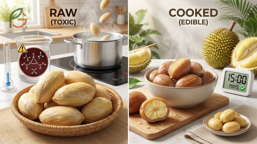 Are durian seeds edible explanation mentioning boiling for 15 minutes or roasting at 350 degrees Fahrenheit.