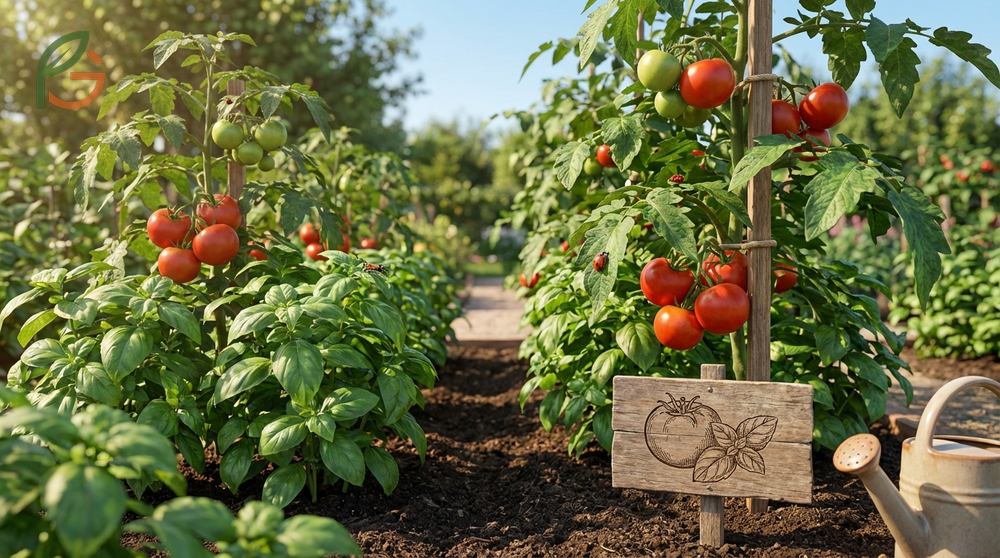 Herbs to plant with tomatoes such as basil and garlic to repel harmful garden pests effectively.