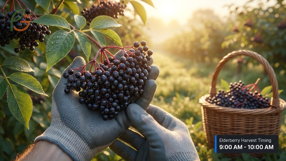 Elderberry harvest timing recommending early morning picking to maintain fruit firmness and quality.