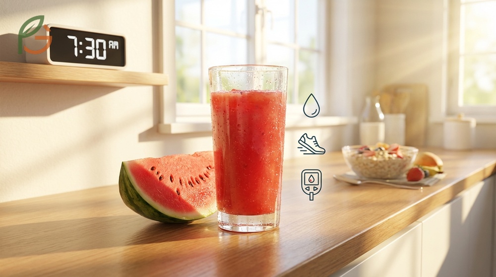 Best time to drink watermelon juice is early morning for energy or 30 minutes post-workout to reduce muscle soreness.