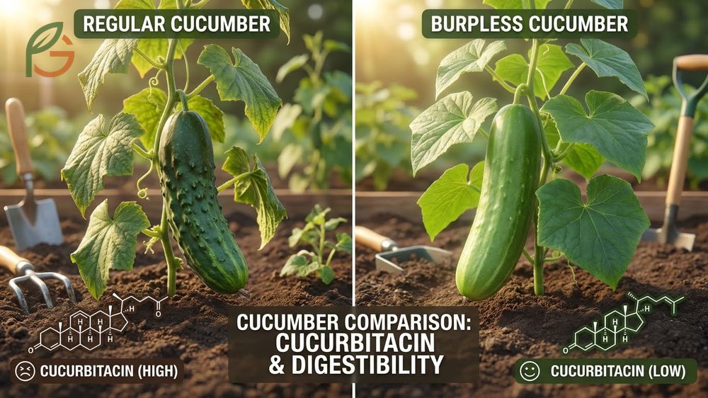 Visual comparison of smooth burpless cucumbers against bumpy regular varieties showing skin texture differences.