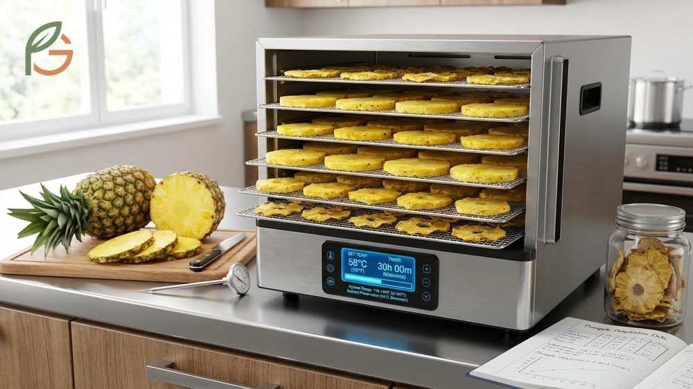 How to dehydrate pineapple requires setting the temperature to 135 degrees Fahrenheit for 10 to 18 hours.