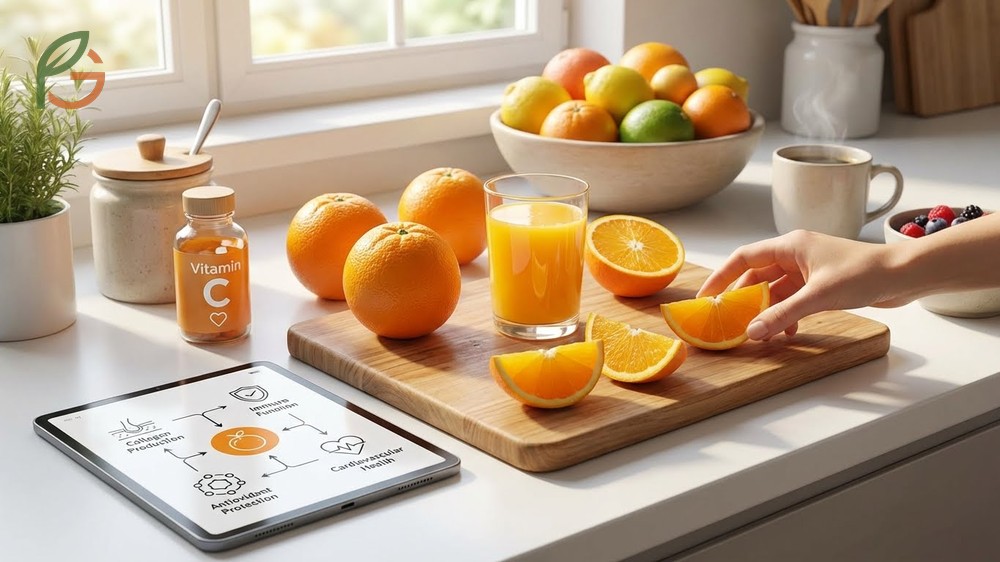 Eating orange everyday benefits the body by providing consistent antioxidants and fiber for digestive health.