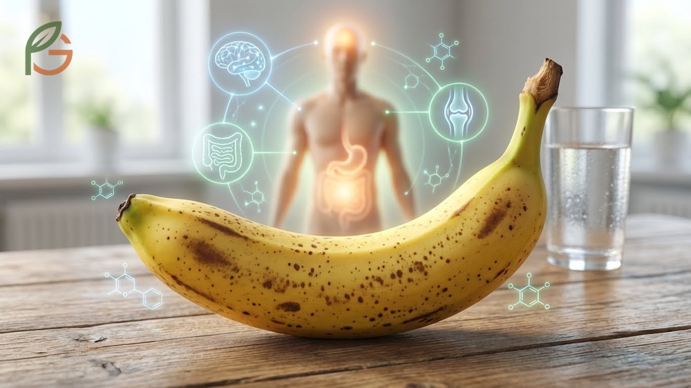 Health benefits of bananas list including reduced blood pressure improved heart health and better digestive function.