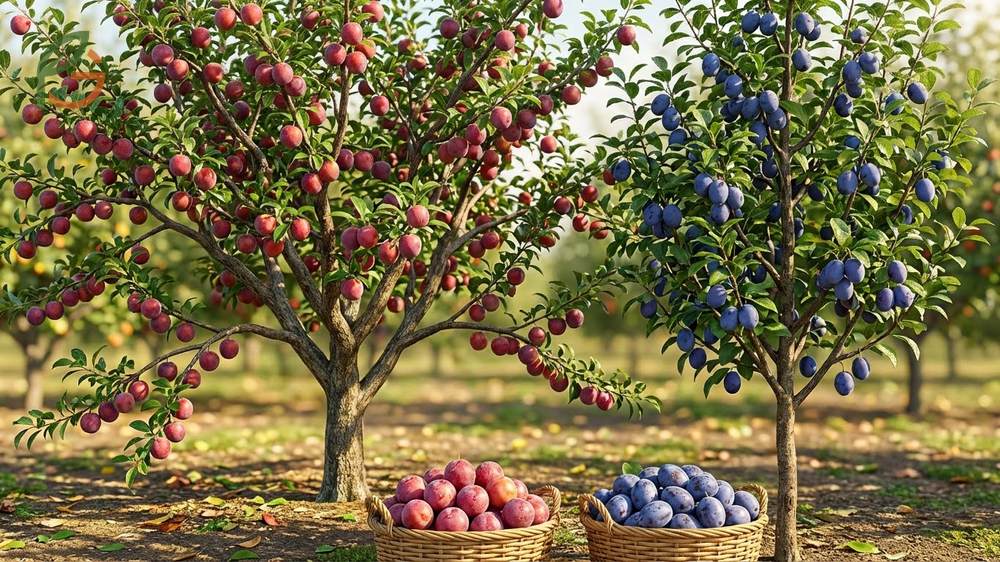 Japanese and European plums compared by growth habits, pollination needs, and fruit characteristics.