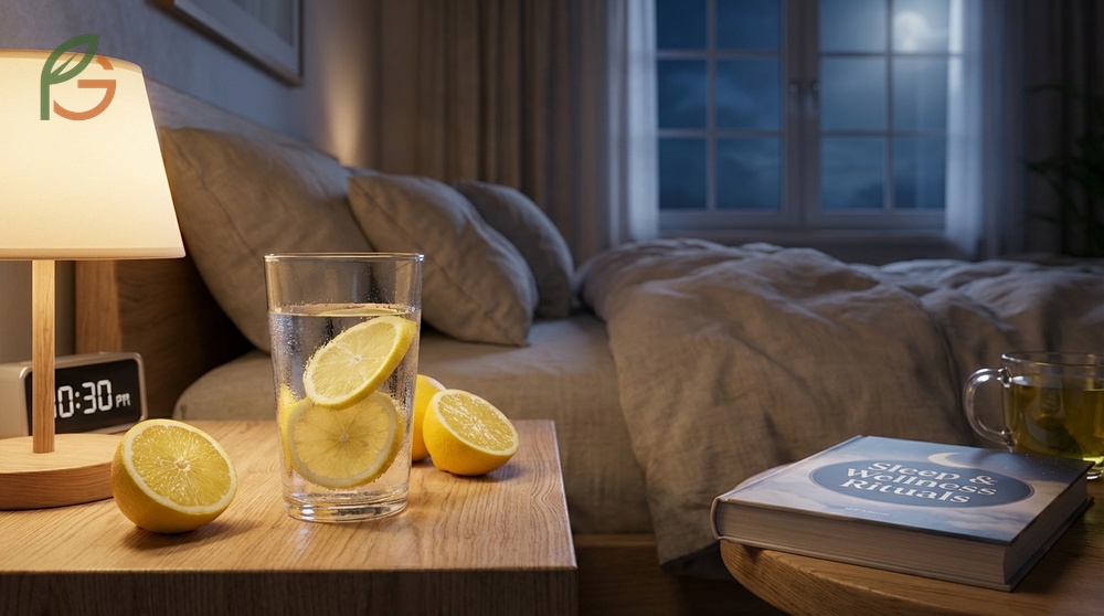 Lemon water before bed supports sleep quality and hydration while providing 34mg of vitamin C per fruit.