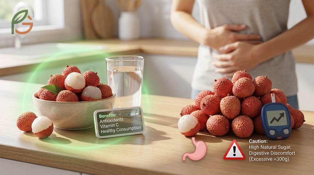 Lychee benefits and side effects include digestive comfort for most but potential sugar spikes if eaten in excess.