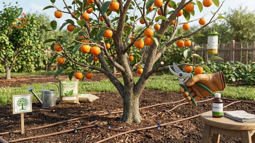 Persimmon tree care and maintenance requires sanitizing pruning tools to prevent the spread of diseases like anthracnose.