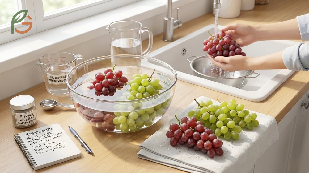 Preventing mold on grapes by washing with a vinegar solution to kill spores and extend freshness.