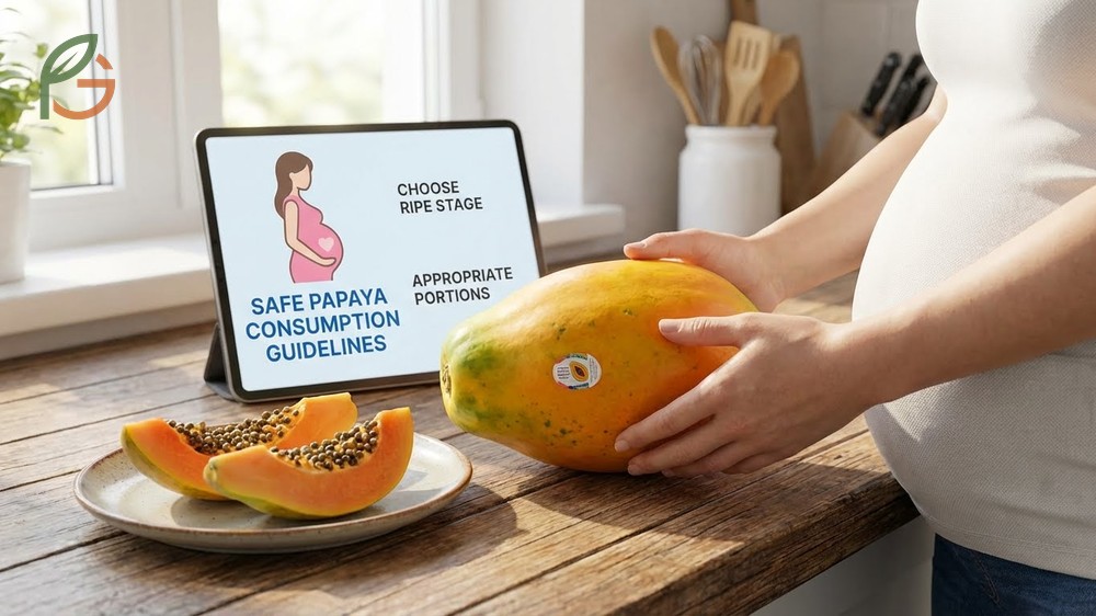 Freshly cut papaya showing black seeds and orange flesh indicating it is fully ripe and safe to eat during pregnancy.