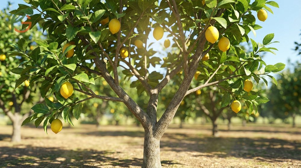 Shaping lemon tree structure into an open center cone form allows sunlight to reach interior branches for better fruit.