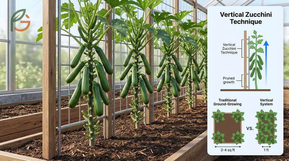 Space saving vertical zucchini techniques allow planting one foot apart in raised garden beds.