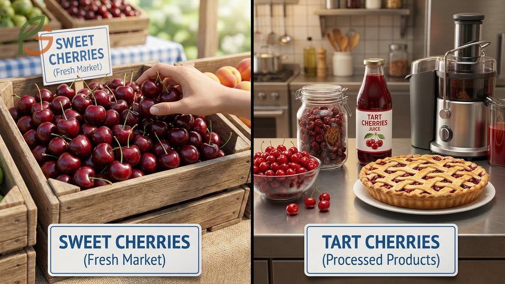 Sweet vs tart cherries differ in growing requirements with tart varieties thriving in cooler zones.