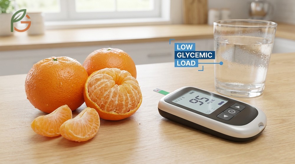 Tangerines blood sugar impact with low glycemic load of 4 and fiber content that slows glucose absorption effectively.