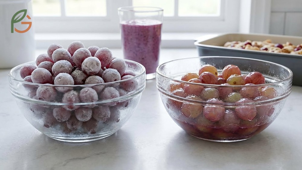 Thawing frozen grapes for baking or jam making taking about 30 to 45 minutes at room temperature.