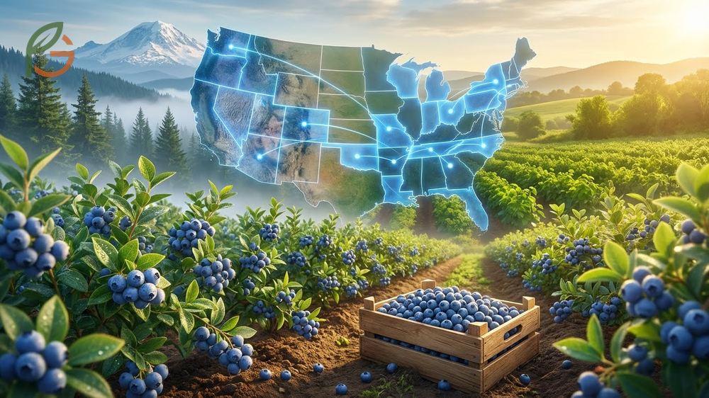 Where do blueberries grow map highlighting Washington Oregon and Georgia as top producers in the United States.