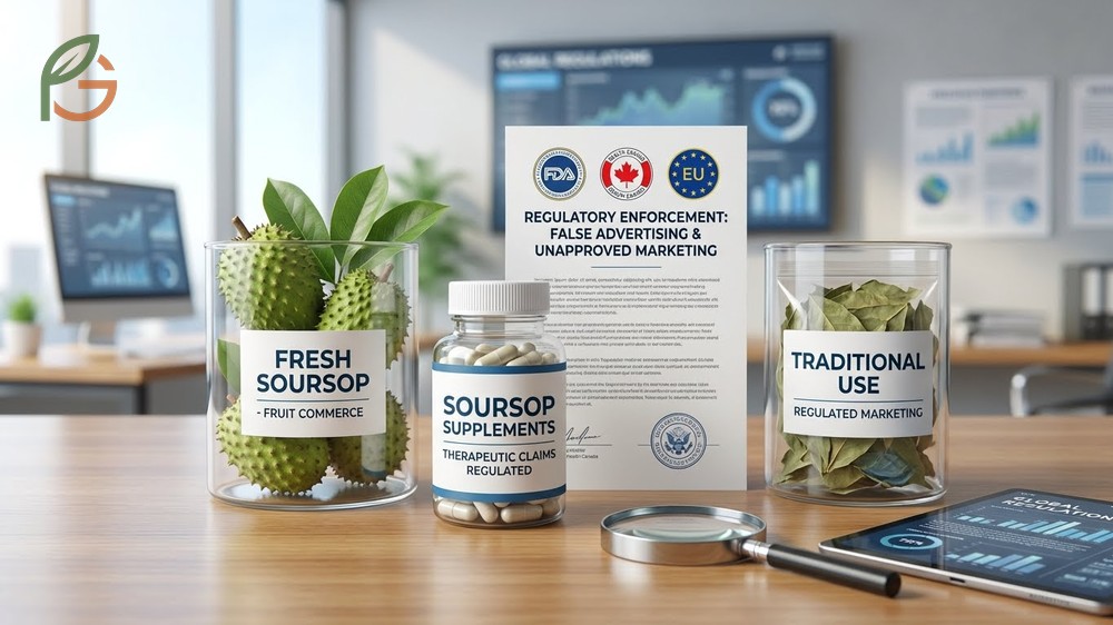 Where is soursop banned globally compared to countries that only restrict specific medicinal marketing.