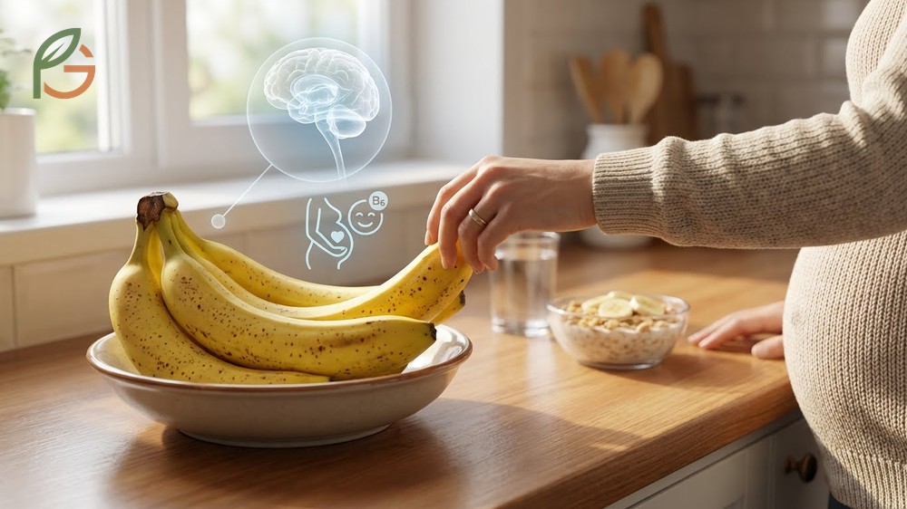 Banana benefits for pregnancy providing folate for fetal development and vitamin B6 to reduce morning sickness symptoms.