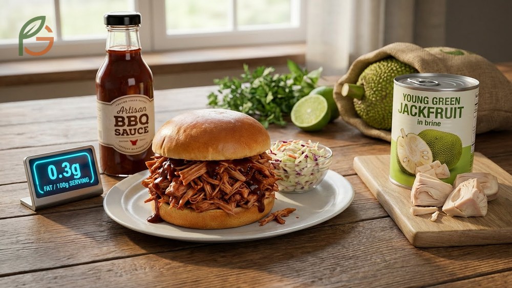 BBQ jackfruit pulled pork texture using young green jackfruit to mimic fibrous muscle tissue.