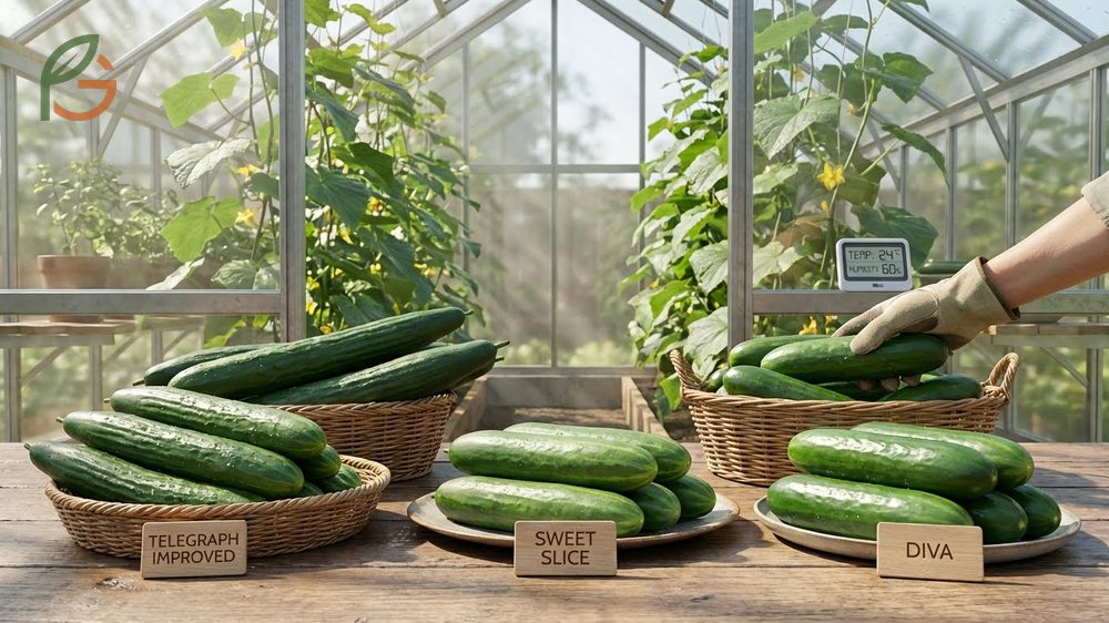 Collection of popular burpless cucumber varieties like telegraph improved and diva ready for harvest in a garden basket.