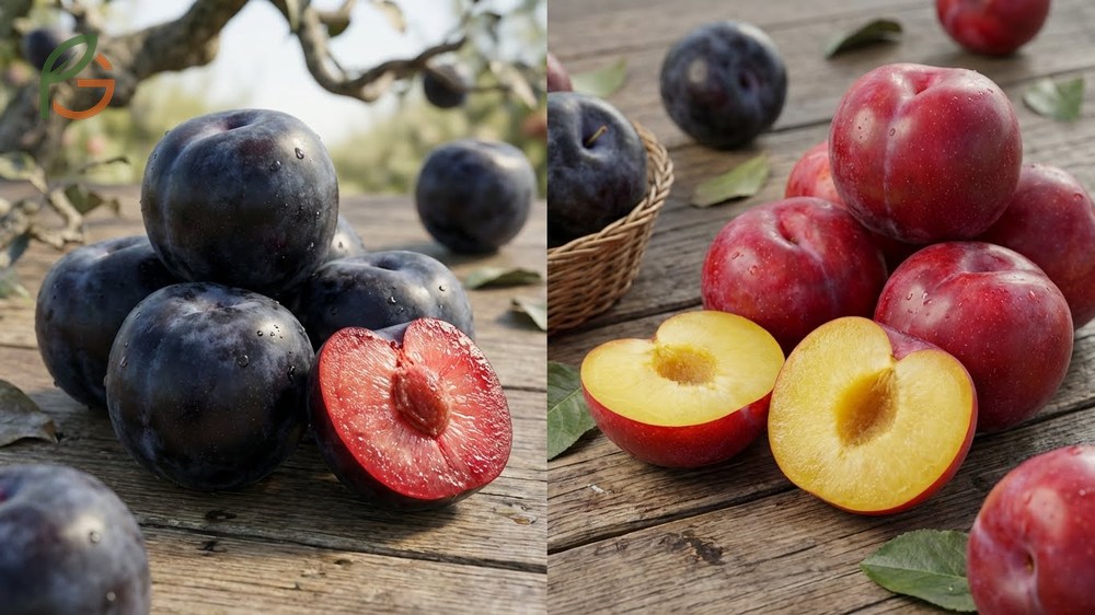 Black and red plums distinguishing flesh color and sugar content levels during ripening.