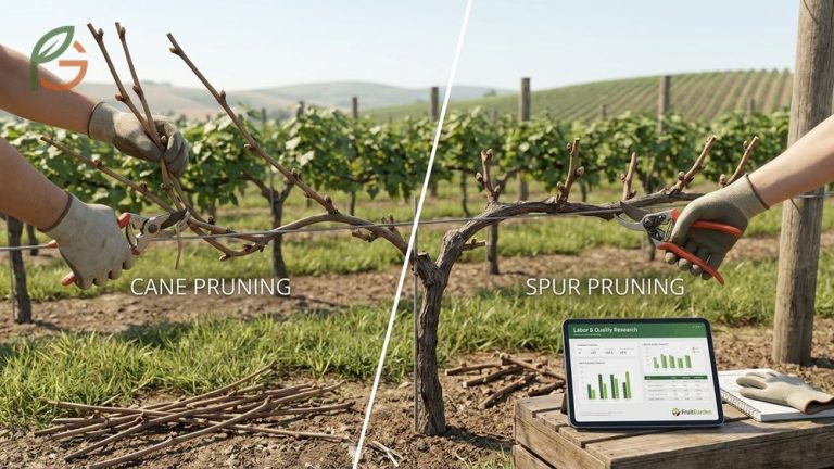 Cane pruning vs spur pruning guide comparing fruit production methods and bud retention strategies for vineyards.