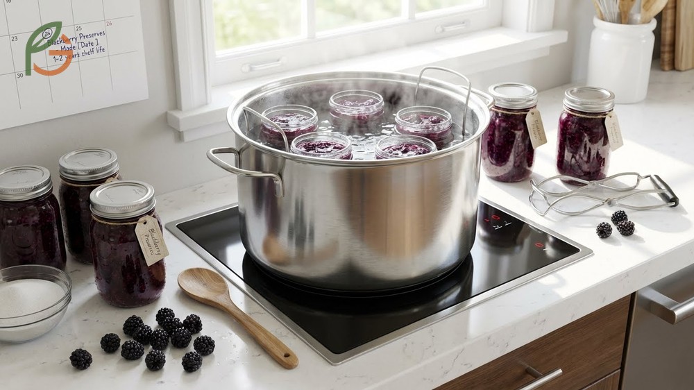 Canning blackberry preserves water bath method processes jars for 5 to 15 minutes to ensure safe storage for two years.
