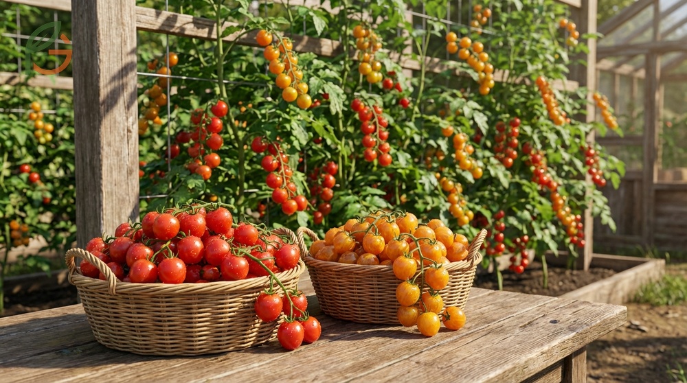 Cherry tomato varieties produce clusters of sweet bite sized fruits on long vines that yield continuously throughout summer.