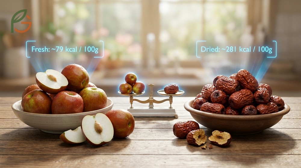Difference between dried vs fresh jujube where fresh has 79 calories per 100 grams while dried has 281 calories.