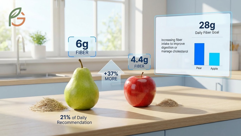 Fiber content comparison reveals pears offer six grams of fiber per fruit while apples provide about four grams.