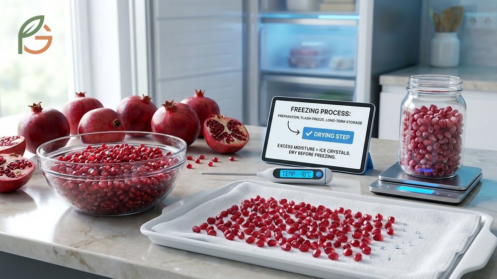 Freezing pomegranate arils using a flash-freezing technique on a baking sheet to prevent clumping.