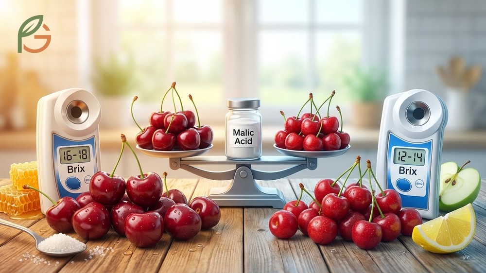 Flavor profile differences showing sweet cherries have higher sugar content while tart ones are acidic.