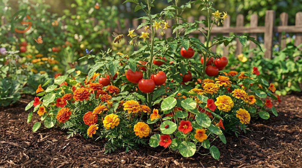 Flowers for tomato pollination like marigolds and zinnias attracting beneficial predatory insects.