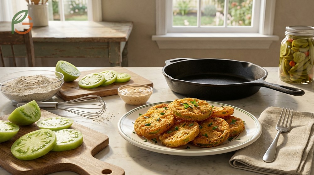 Fried green tomatoes recipe uses sliced unripe fruit fried at 375 degrees for a crispy golden crust.