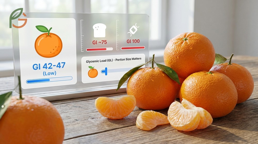 Glycemic index tangerines ranging from 42 to 47 with low glycemic load for effective diabetes management strategies.