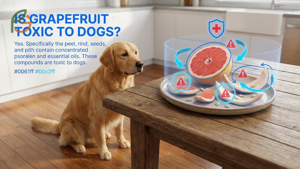 Is grapefruit toxic to dogs diagram highlighting dangerous parts like seeds rind and white pith.