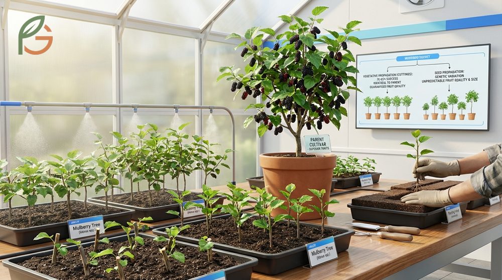 Mulberry tree propagation methods using softwood cuttings result in genetically identical trees with high success rates.